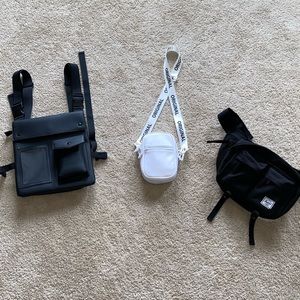 Cross body bags and over the shoulder harness.